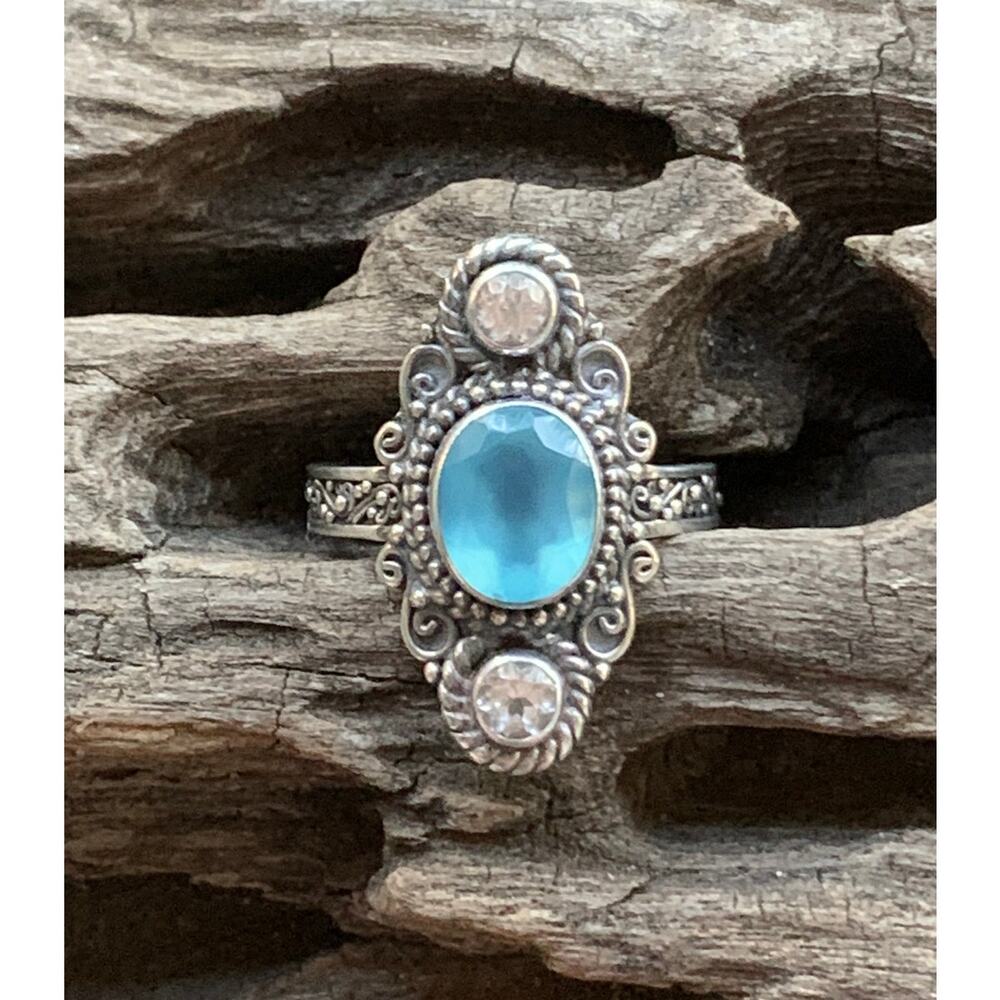 Bali Style Sterling Silver Blue Gemstone Ring, Size 10.5